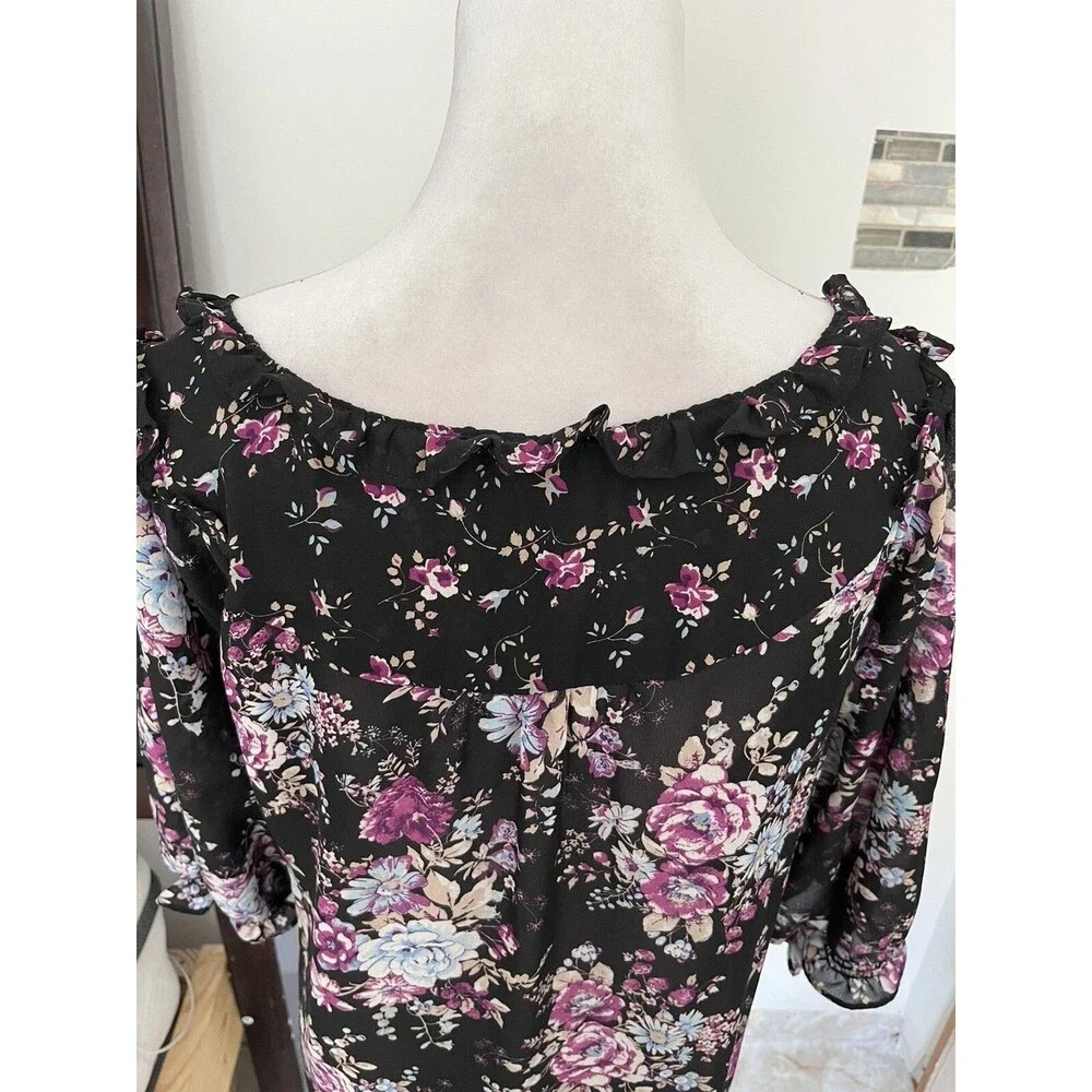 Woman Within Blouse 1X Floral Peasant Top Ruffle Neck Chiffon Boho Tunic sheer